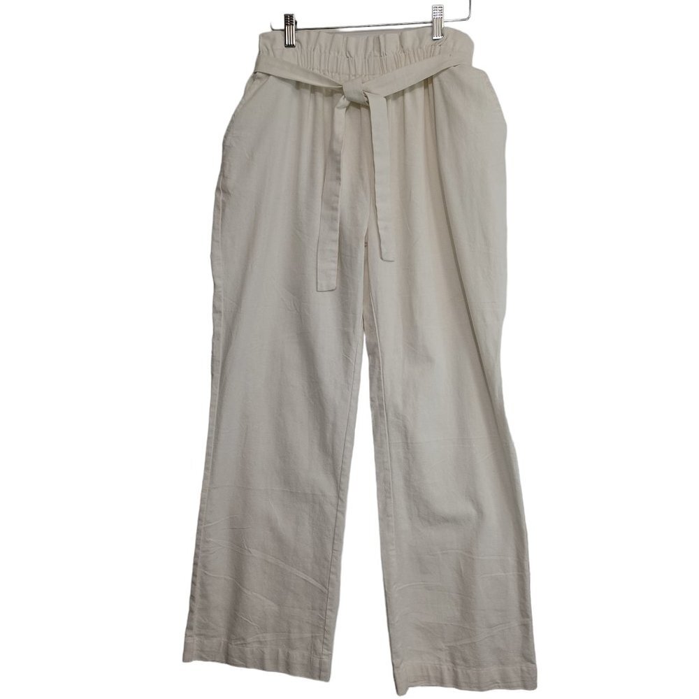 Sapphire Red Cream Linen Blend Wide Leg Paperbag Waist‎ Tie Belt Pants Large